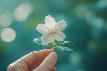 Poster - Delicate white flower held gently in hand, showcasing intricate details against a soft green background in a serene indoor setting