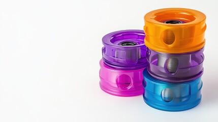 Multicolored plastic bobbins stacked on white background for sewing enthusiasts