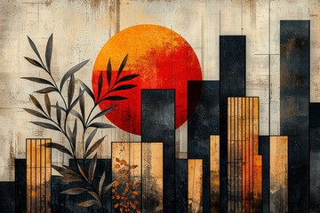 Poster - abstract art deco poster with nature and cityscape elements in warm hues