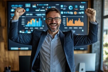 Poster - Business professional celebrates success and achievement in modern office space with digital graphs displayed on large screen