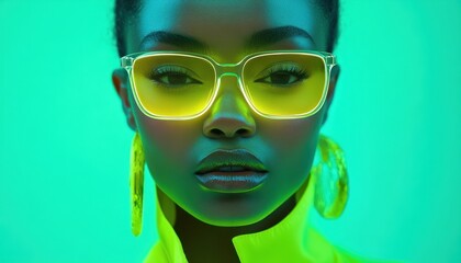 Aufkleber - Brightly colored sunglasses and neon lighting highlight a stylish young woman checking her phone in a modern urban setting at night