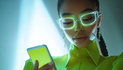 Aufkleber - Brightly colored sunglasses and neon lighting highlight a stylish young woman checking her phone in a modern urban setting at night