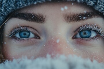 Poster - Winter close-up of a person's eye with snowflakes and frost, capturing the serene beauty of nature in a cold environment during the daytime