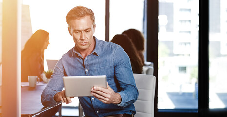 Poster - Research, manager and business man on tablet in startup for ads, engagement info and social media specialist. Technology, mature and creative worker in office for planning or post campaign online