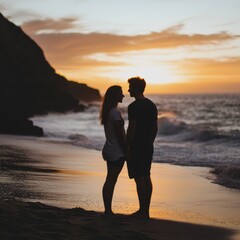 Aufkleber - Couple enjoys a romantic moment on the beach at sunset with waves gently crashing nearby. Generative AI
