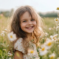Poster - Child with wavy hair joyfully smiling in a flower field during golden hour. Generative AI