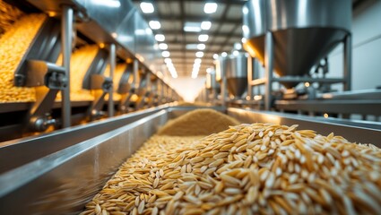 Poster - grain processing facility showcases an automated production line during daylight hours