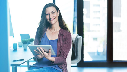 Poster - Woman, tablet and online for digital media, portrait and professional journalist for article. Workplace, publishing agency and website for newsletter editing, proud reporter and creative employee
