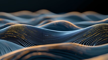 Aufkleber - flowing digital waves with glowing particles create abstract technology landscape in dark blue and g