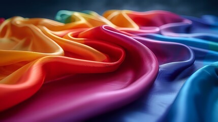 Poster - Vibrant rainbow colored silk fabric with soft folds and waves creating smooth flowing curves, from warm orange to deep blue tones in gradient transition.