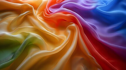 Poster - Flowing rainbow silk fabric with elegant folds and waves creates smooth gradient transitions between vibrant colors from orange and red to purple and blue.