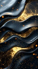 Poster - Abstract waves of navy blue and gold with glowing particles create luxurious marble-like pattern on dark background. Elegant design for premium packaging and decor.