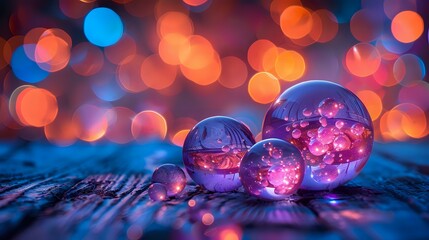 Poster - Magical glass spheres reflect pink cherry blossoms against vibrant bokeh background in blue and orange colors creating dreamy artistic composition.