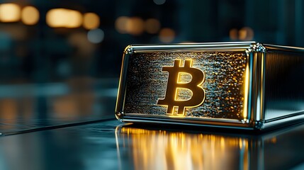 Poster - Golden bitcoin symbol on metallic surface with dramatic lighting and reflections creates modern financial atmosphere. Cryptocurrency concept with bokeh background.