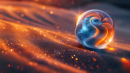 Poster - Magical glowing sphere with swirling orange and blue energy streams against dark background with light particles and bokeh effects creates mystical atmosphere.