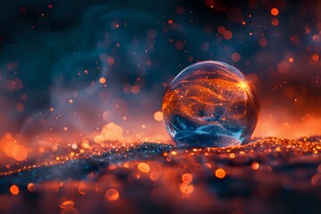 Poster - Magical crystal ball glowing with orange and blue lights against dark background with bokeh effects, mystical fortune telling sphere on sparkling surface.
