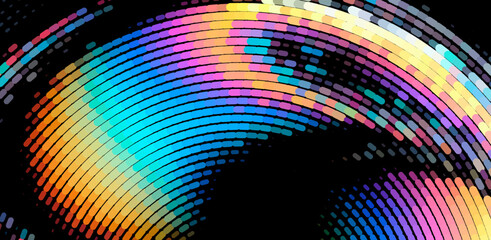 Aufkleber - Colorful, dynamic vector illustration with curved lines and vibrant gradients creating a lively, abstract pattern against a dark background, evoking movement and energy.