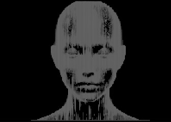 Aufkleber - Monochrome vector illustration of a stylized human face composed of vertical lines on a black background, creating a digital, abstract portrait with an intriguing, minimalistic aesthetic.