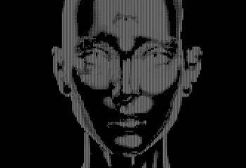 Aufkleber - Monochrome vector illustration of a stylized human face composed of vertical lines on a black background, creating a digital, abstract portrait with an intriguing, minimalistic aesthetic.