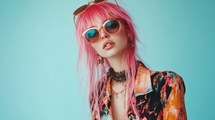 Wall Mural - a woman with pink hair and sunglasses on