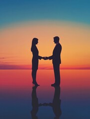 Aufkleber - Silhouettes of two people sealing a business deal against a vibrant sunset backdrop. Generative AI