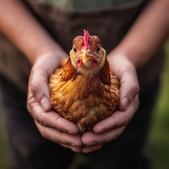 Poster - Chicken being held gently in hands outdoors on a sunny day in a rural setting surrounded by greenery. Generative AI