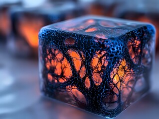 Poster - Frozen ice cube with trapped tree silhouette glowing orange and blue, macro photography showing intricate natural patterns and abstract winter texture.