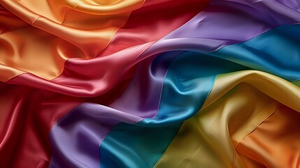 Poster - Luxurious rainbow colored silk fabric with soft folds and waves creating elegant drapery texture. Smooth satin material in vibrant spectrum of colors flows gracefully.