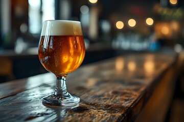 Poster - Glass of craft beer on rustic wooden bar counter with warm bokeh lights in background, amber liquid glowing in soft evening atmosphere.