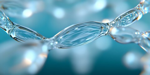 Poster - Crystal clear water drops forming elegant chain-like pattern against turquoise background, macro photography with soft bokeh effect creates abstract artistic composition.