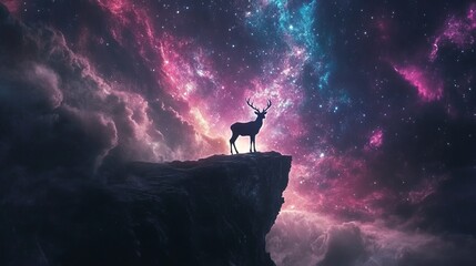 Wall Mural - mystical glowing stag standing at the edge of a galactic cliff, blending natural grace with cosmic p