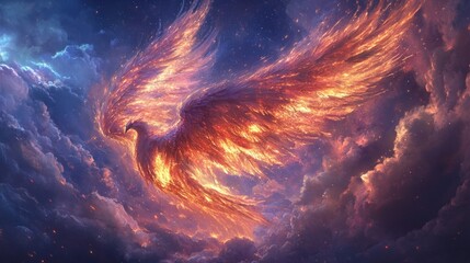 Wall Mural - mythical storm made of glowing feathers and cosmic winds, vast and divine, blending elemental power 