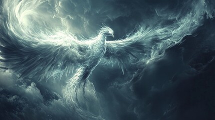 Wall Mural - mythical storm made of glowing feathers and cosmic winds, vast and divine, blending elemental power 