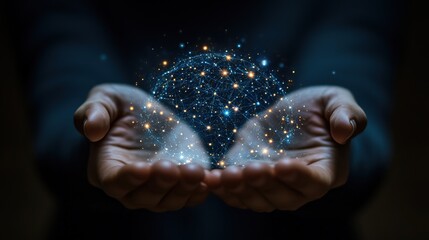 Poster - Hands holding digital network sphere, dark background, futuristic concept