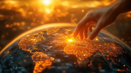 Poster - Hand touching illuminated Earth globe at sunrise, global connection