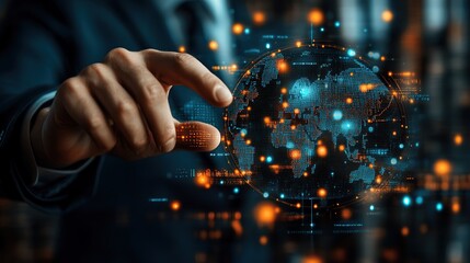 Poster - Businessman interacting with global data sphere in urban night background