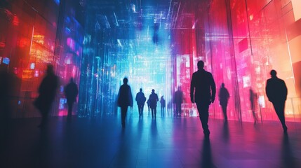 Wall Mural - people silhouettes in futuristic glowing space, vibrant and dynamic atmosphere, sharp and textured c