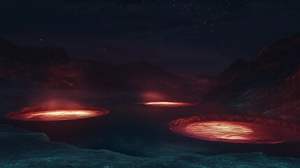 Wall Mural - pools of molten silver reflecting cosmic light, abstract otherworldly lakes, glowing softly under al