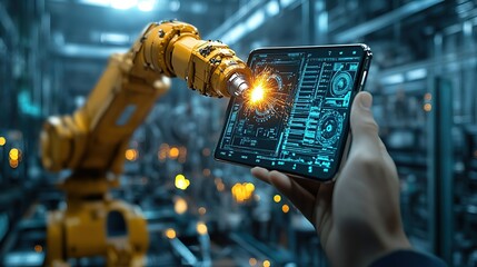 Poster - Robotic arm welding controlled by tablet in a factory