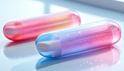 Poster - Colorful Transparent Capsules with Sparkles in Soft Lighting on a Clean Surface