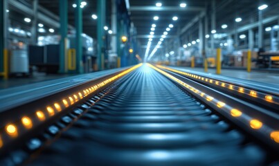 Poster - Industrial Warehouse Scene Featuring Illuminated Conveyor Belt in Modern Manufacturing Facility