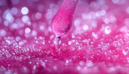 Poster - Close-up of Pink Liquid Droplet with Bubbles and Sparkling Surface in Soft Focus Background