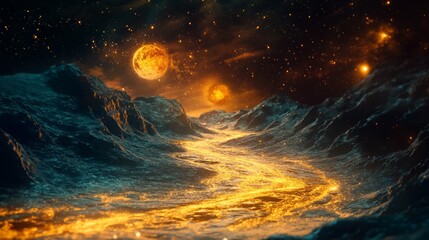 Wall Mural - rivers of molten glass flowing across cosmic valleys, glowing softly under alien skies, abstract sur