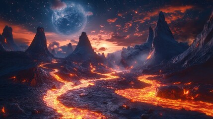Wall Mural - rivers of molten glass flowing across cosmic valleys, glowing softly under alien skies, abstract sur