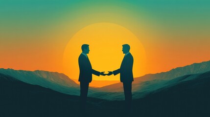 Aufkleber - Silhouettes of two business people sealing a deal against a sunset backdrop in a serene mountain setting. Generative AI