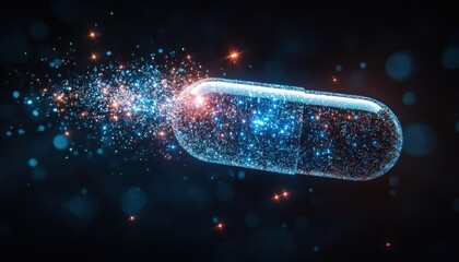 Poster - Glowing Capsule with Sparkling Particles in a Dark Background for Healthcare and Medicine Concept