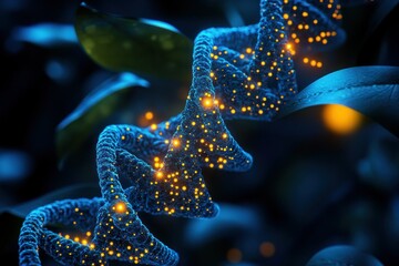 Poster - intricate blue dna helix with glowing particles in a dark botanical environment