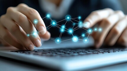 Poster - Hands interacting with network graphic on laptop