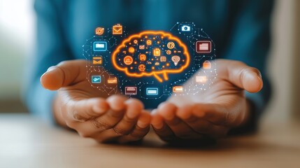 Poster - Hands holding holographic brain with communication icons; business concept
