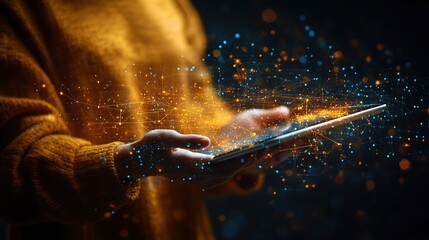 Poster - Woman using tablet, digital network overlay, dark background